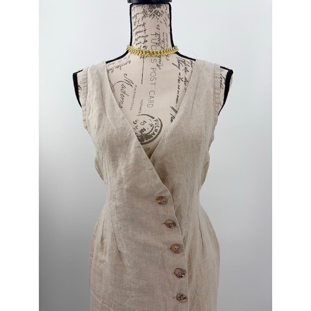 B51 Posse Linen Midi Dress S Belted Wrap Style Vacation Neutral Brunch Everyday - Picture 6 of 9